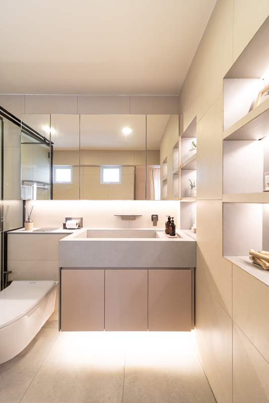 Bathroom with a lit vanity, wall-hung toilet, lit niches and a black-framed shower screen - Full HDB maisonette renovation with a curved timber-slat island and lit staircase (140BB) | Larry Contractors, HDB Licensed Renovation Contractor, Singapore