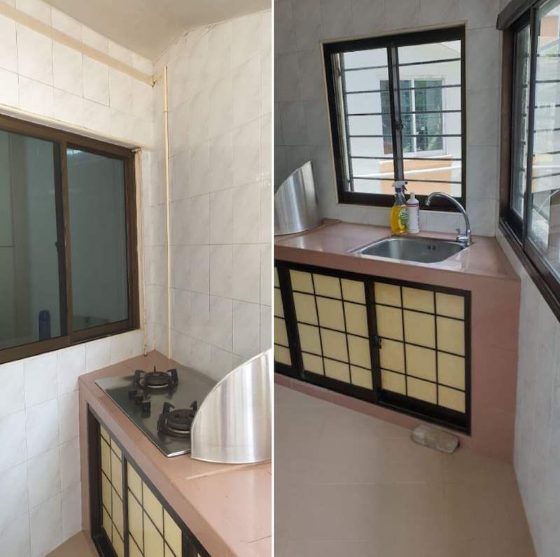 Before and after side by side: the old kitchen sink area and the renovated kitchen - HDB resale flat renovation with polished terrazzo floors, new kitchen and bathrooms (C04) | Larry Contractors, HDB Licensed Renovation Contractor, Singapore