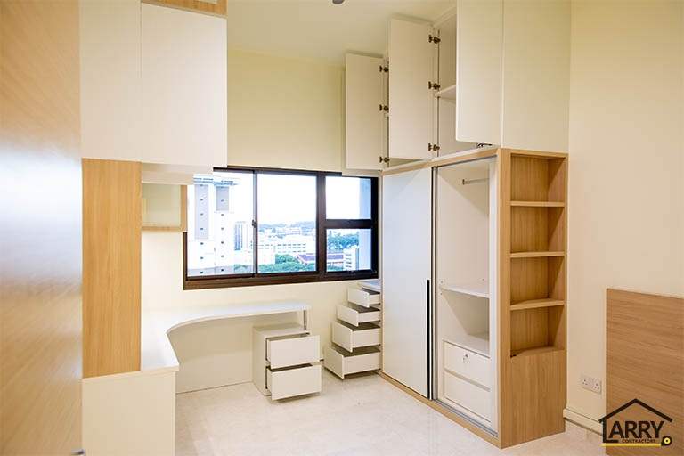Bedroom with built-in wardrobes, open shelving and a study desk under the window - HDB flat renovation with full-height carpentry and a wood-tone kitchen (C12) | Larry Contractors, HDB Licensed Renovation Contractor, Singapore