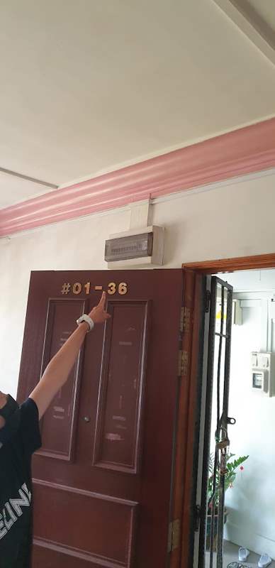 Before: the original timber entrance door and the old pink cornice - HDB resale flat renovation with polished terrazzo floors, new kitchen and bathrooms (C04) | Larry Contractors, HDB Licensed Renovation Contractor, Singapore
