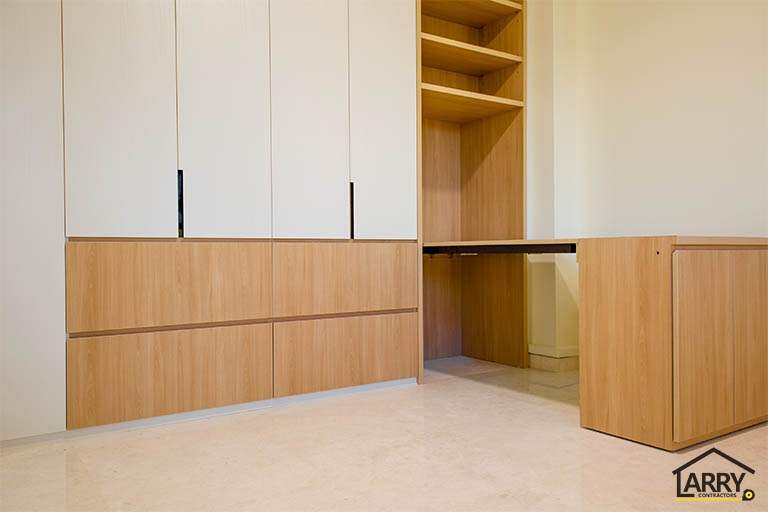 White and light wood-tone cabinets with a pull-out desk and open shelving - HDB flat renovation with full-height carpentry and a wood-tone kitchen (C12) | Larry Contractors, HDB Licensed Renovation Contractor, Singapore
