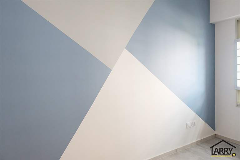 Feature wall painted in grey, white and blue geometric blocks - HDB flat renovation with a blue kitchen and a glass-walled walk-in wardrobe (C18) | Larry Contractors, HDB Licensed Renovation Contractor, Singapore
