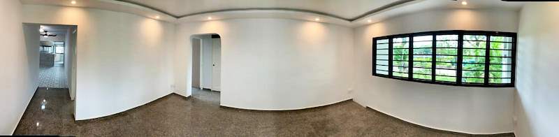 Panoramic view of the living room after renovation with cove ceiling, windows and terrazzo floor - HDB resale flat renovation with polished terrazzo floors, new kitchen and bathrooms (C04) | Larry Contractors, HDB Licensed Renovation Contractor, Singapore