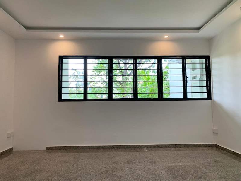 Living room grilled window under a cove ceiling with recessed lights - HDB resale flat renovation with polished terrazzo floors, new kitchen and bathrooms (C04) | Larry Contractors, HDB Licensed Renovation Contractor, Singapore