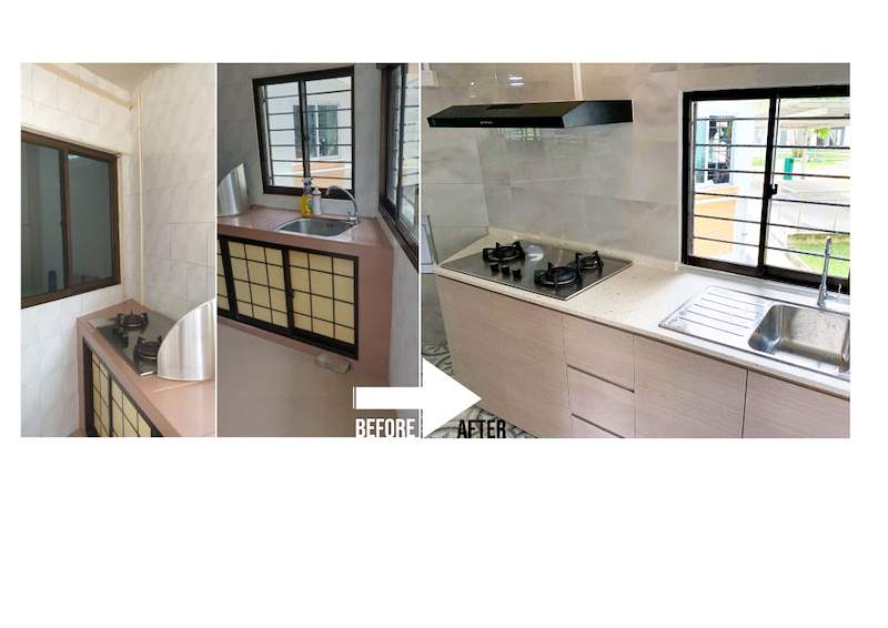 Before and after side by side: the old pink tiled kitchen counter and the new light wood kitchen - HDB resale flat renovation with polished terrazzo floors, new kitchen and bathrooms (C04) | Larry Contractors, HDB Licensed Renovation Contractor, Singapore