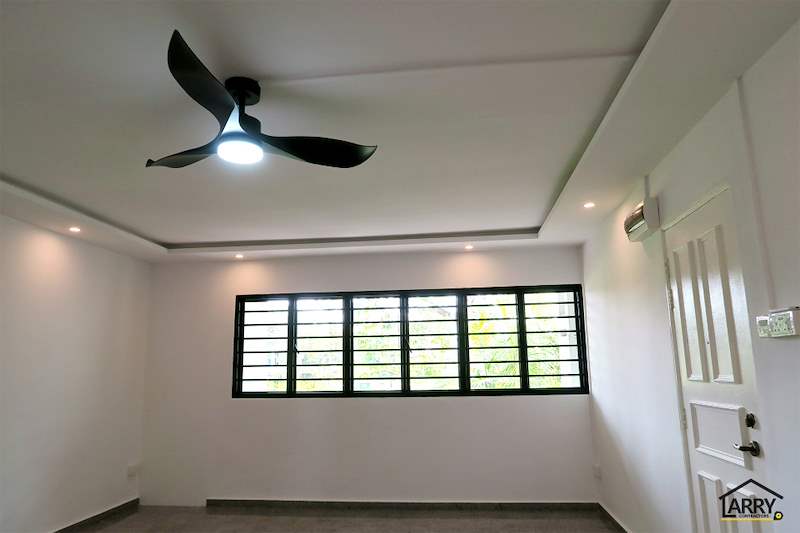 Living room ceiling with a black fan light and cove lighting above the grilled window and door - HDB resale flat renovation with polished terrazzo floors, new kitchen and bathrooms (C04) | Larry Contractors, HDB Licensed Renovation Contractor, Singapore