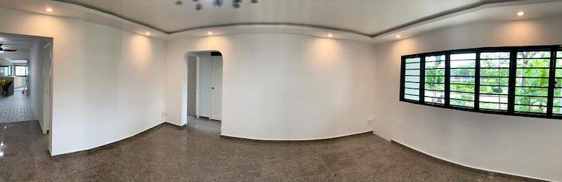 Panoramic view of the living room with cove ceiling, arched doorway and terrazzo floor - HDB resale flat renovation with polished terrazzo floors, new kitchen and bathrooms (C04) | Larry Contractors, HDB Licensed Renovation Contractor, Singapore